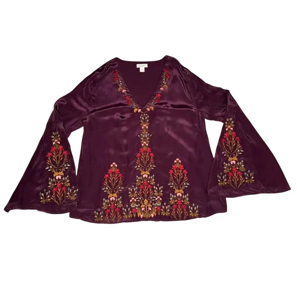 Sundance Embroidered Blouse Women's Small Burgundy V-Neck Bell Sleeve Boho - Picture 4 of 12